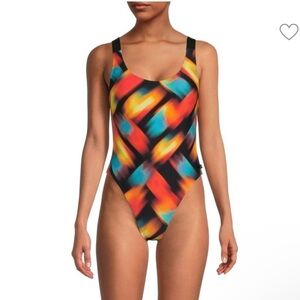 CALVIN Klein Black Multi Abstract Print Scoopneck One Piece Swimsuit sz Medium